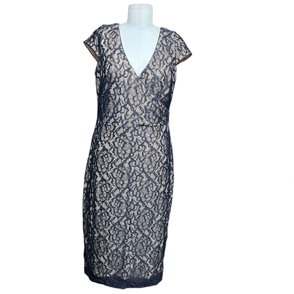 Dress The Population Cap Sleeve Faux Wrap Lace Dress‎ Black Nude Size L